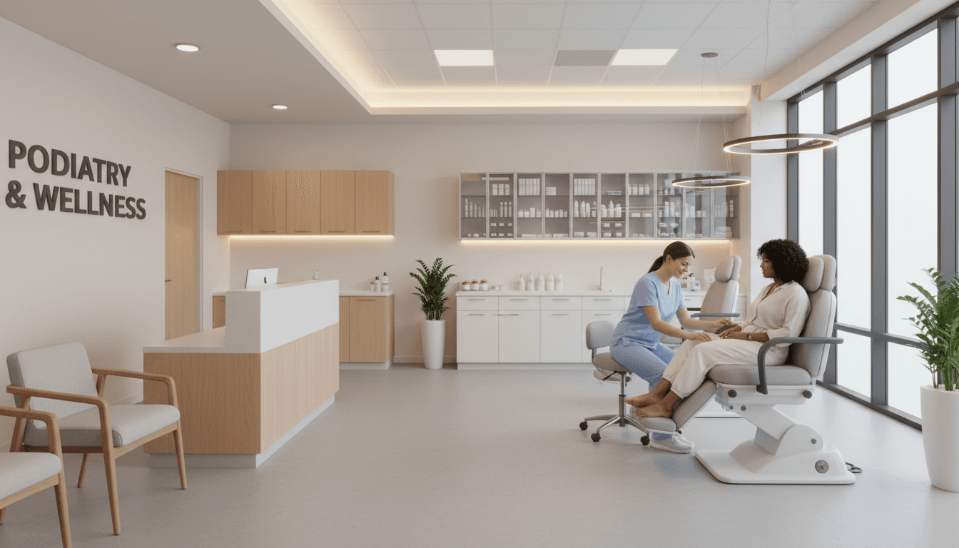 Podiatrist examining a patient's foot in a bright clinic room