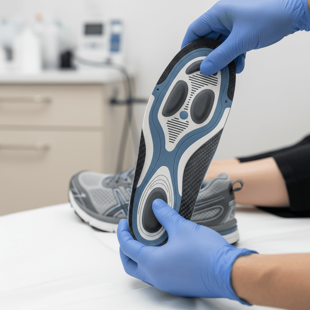 Custom orthotic insole beside a pair of shoes