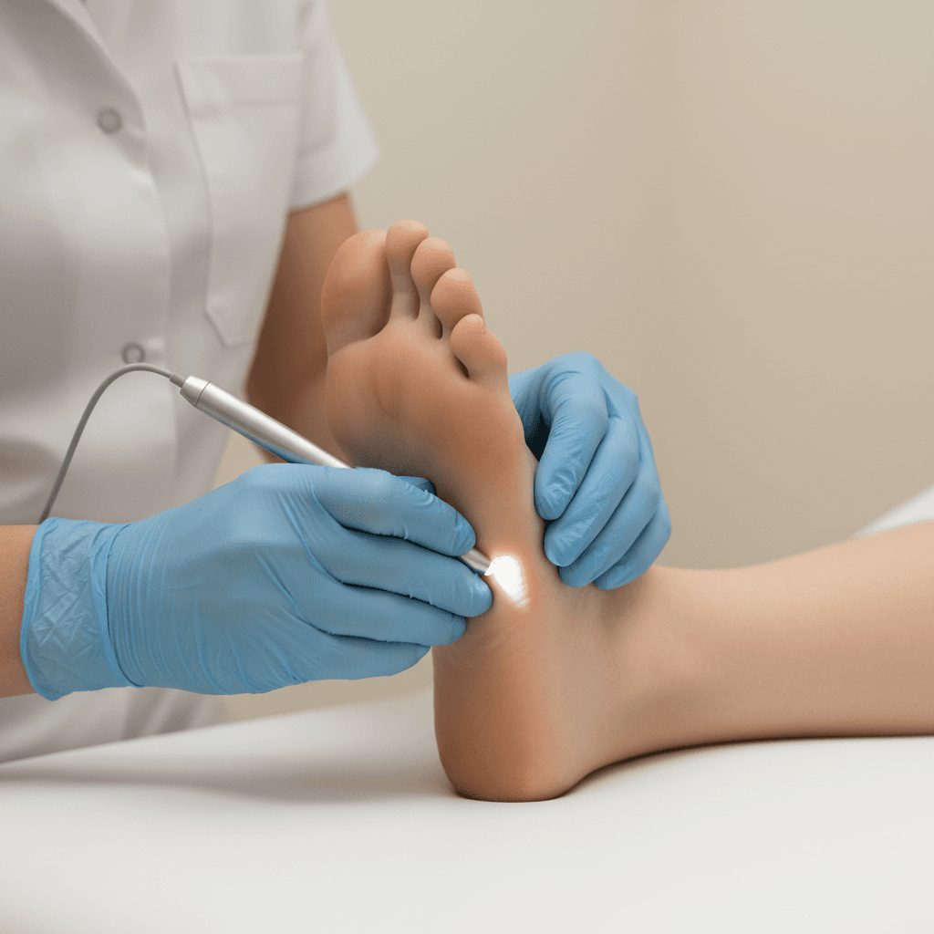 Podiatrist examining a patient's foot during a diabetic check